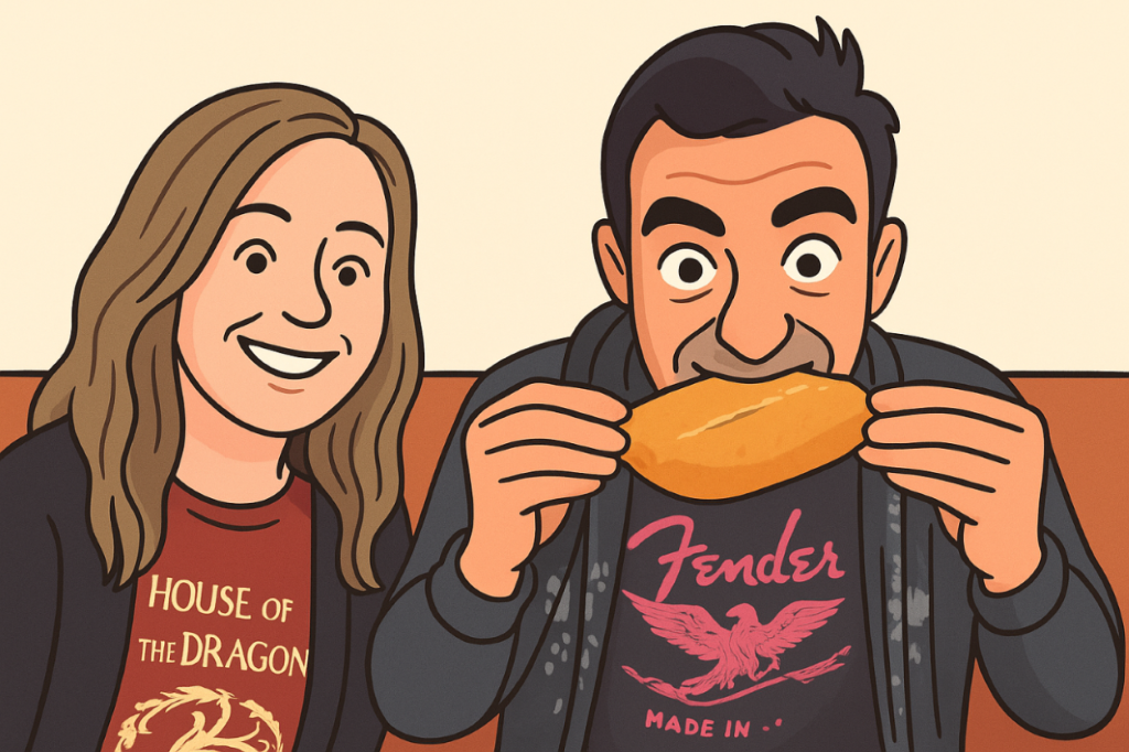 Desenho animado de um casal comendo coxa creme juntos, sorrindo e se divertindo, baseado em uma foto real.